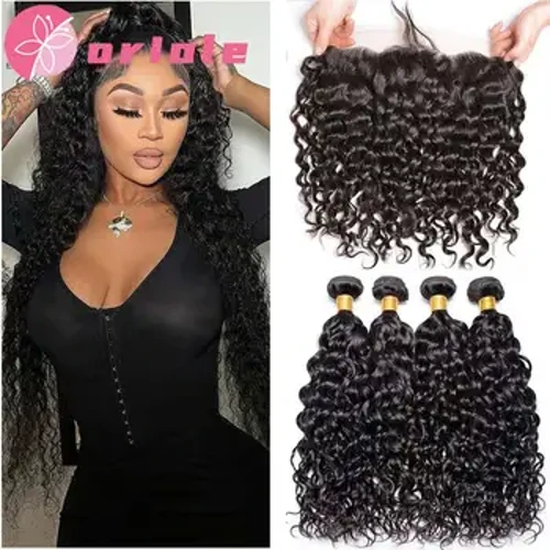 Gelombang Air Bundel dengan Frontal Basah dan Bergelombang Rambut Perawan Keriting Longgar Dalam 100% Bundel Rambut Manusia 12A dengan Penutupan Renda 4X4