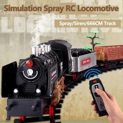 666CM DIY Montering Tåg Simulering Klassisk Spray Fjärrkontroll Lokomotiv Siren Ljudspår Rich Scene Elektriska RC tågleksaker