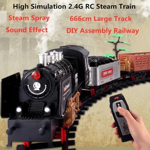 Héich Simulatioun Fëmmen Damp Spray 2.4G RC Dampzuch Modell Mat Sound Liicht Fuert 666CM Gleis DIY Assemblée Kamäin Eisebunn