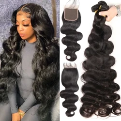 Loose Body Wave Brazilian Hair Weave Snopi z Zapiranjem Deviški 30-palčni Snop Človeških Las s Frontal Weave In Zapiranjem Čipke