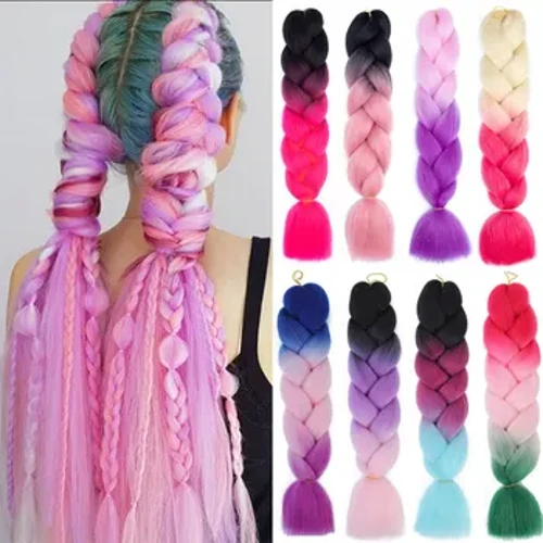 AZQUEEN 24 tuumaa Jumbo Braid synteettinen punottu Hius Ombre Jumbo Hiuspidennys Naisten Tee-se-itse-hiuspunos Pinkki Purppura Keltainen