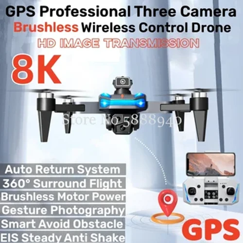 GPS Professionele 8K Drie Camera Borstelloze Draadloze Controle Drone 2.4G Vermijd Obstakel Auto Return LED Licht RC Drone Quadcopter