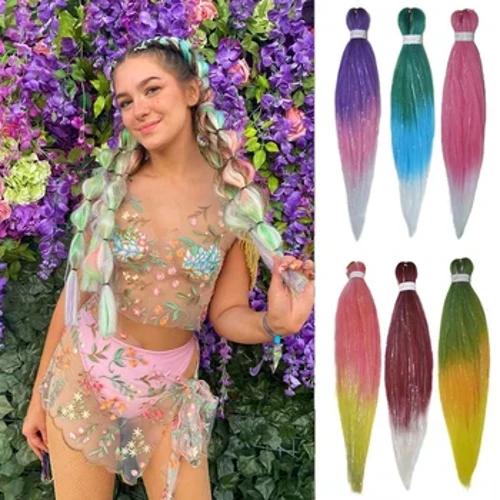 1 adet Tinsel EZ Örgüler Ombre Düz Örgüler Karışımı Saç Tinsel Festivali Rave Saç Uzantıları Kızlar için Çılgın Saç Günü Örgüler