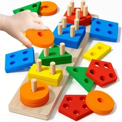 Montessori Holz Sortéieren Stack Spillsaachen Puzzel Fir Puppelcher a Kanner Preschool Fine Motor Fäegkeet Spillsaachen Fir 1 Joer