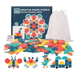 Gwerthu Poeth 180Pcs Montessori Kids Pren 3D Siâp Geometrig Bwrdd Pos Jig-so Set Babanod Teganau Addysg Gynnar i Blant