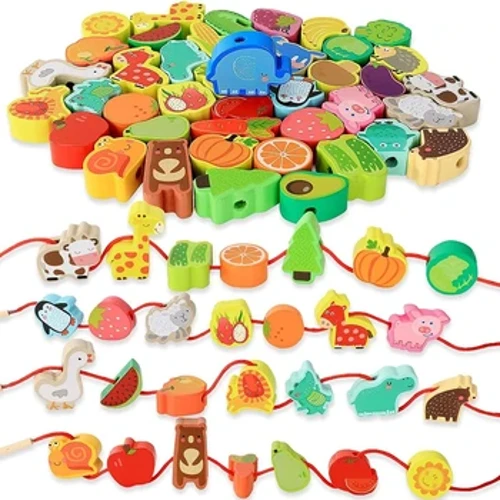 Monterssori Baby DIY Wooden Toys Cartoon Fruit Animal Stringing Threading Wooden Beads Mga Laruang Pang-edukasyon para sa mga Bata Regalo ng Pasko