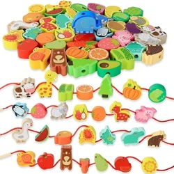 Monterssori Baby DIY Holz Spillsaachen Cartoon Uebst Déier Stringing Threading Holz Perlen Pädagogesch Spillsaachen fir Kanner Chrëschtdagscadeau