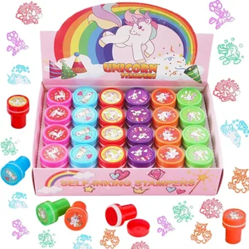 6/24 dona Unicorn turli xil markalar Bolalar o'z-o'zidan siyoh markalari Bolalar bayrami xayr-ehson xazina qutisi mukofoti sinf uchun Pasxa tuxumi to'ldirilgan o'yinchoqlar