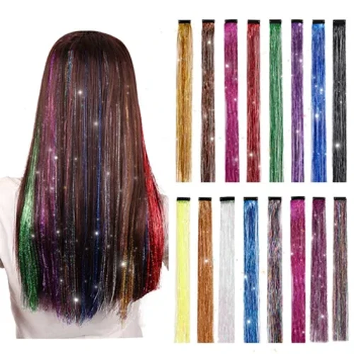 Schillernde Hippie-Frauen mit glänzendem Lametta-Regenbogen-Seidenhaar-Extensions für geflochtene Kopfbedeckungen, Länge 120 cm, 150 Strähnen/Packung