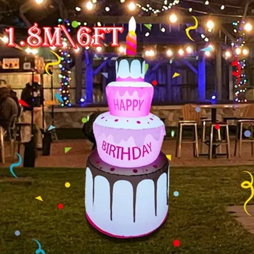 1.8M \ 6FT Bánh Sinh Nhật Đồ Chơi Bơm Hơi Trang Trí Có Đèn LED Cho Tiệc Sinh Nhật Ngoài Trời Sân Vườn Inflatables Vật Trang Trí