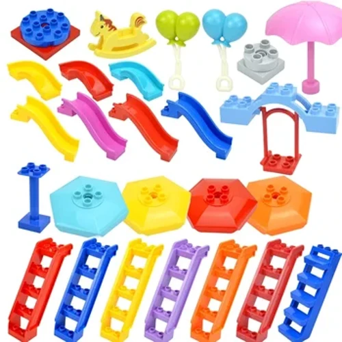 Grouss Gréisst Bausteng Spillplaz Rutsch Trap Ballon Auto Streck Päerd Schaukel Ladde Seesaw Spillsaachen Kompatibel Grouss Brick Duploes