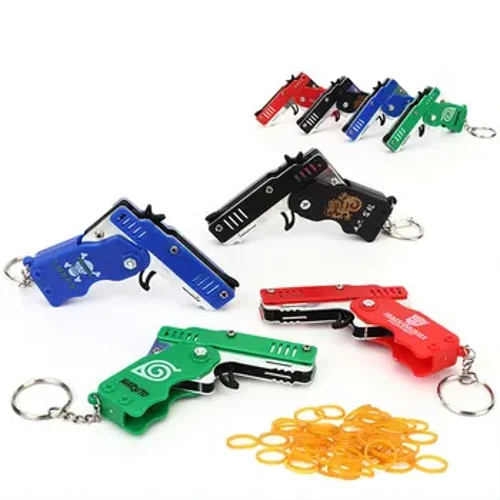 I-1PC MINI Toy Gun Keychain 50 Amabhendi Erabha Agoqa I-Rubber Band Isibhamu Sokudubula I-Pistol Alloy Key Charm Pendant Isipho Sephathi Yangaphandle Yengane