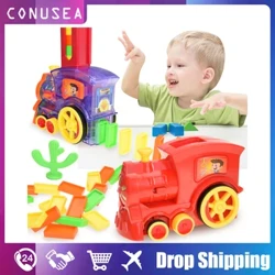 Mainan Anak-anak Domino Train Mobil Set Lampu Suara Otomatis Meletakkan Domino Bata Warna-warni Domino Blok Game Toys Set Mainan Pendidikan