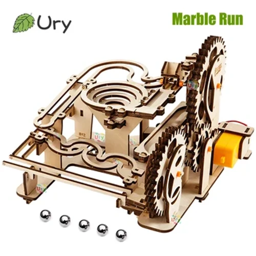 Ury 3D драўляныя галаваломкі Электрычная катапульта Track Device Marble Run Set Механічная мадэль Навуковы лабірынт 5 шароў Зборка Падарунак для дзяцей