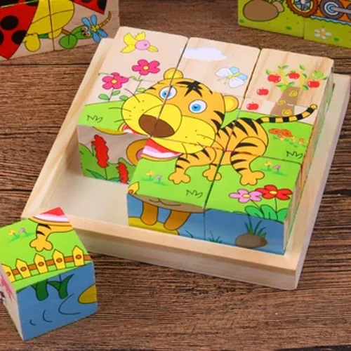 Kūdikių medinės kaladėlės žaislai Vaikams Šešių pusių kubo dėlionės Žaidimas Gyvūnų vaisių eismas Pažink ankstyvojo mokymosi mokomuosius žaislus