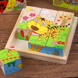 Baby Wooden Blocks სათამაშოები ბავშვები Six Side Cube Jigsaw Puzzles თამაში ცხოველთა ხილის მოძრაობა Cognize Early Learning საგანმანათლებლო სათამაშოები