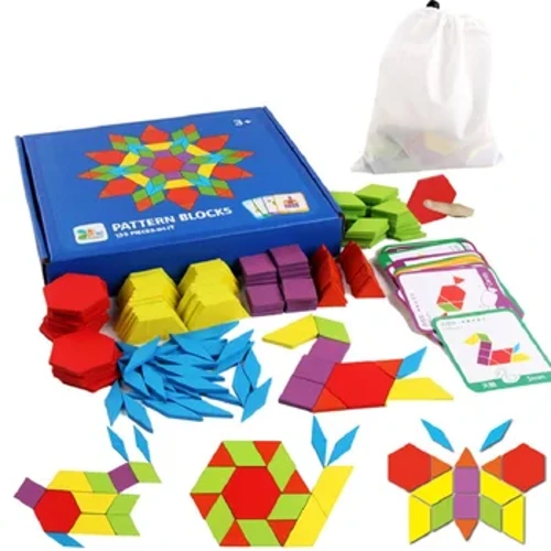 Blociau Patrwm Pren 155 Pcs Set Pos Siâp Geometrig Kindergarten Teganau Tangram Addysgol Clasurol Montessori i Blant