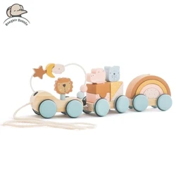 Wooden Montessori Toys Animal Block Train Building Block Stacking Toy Itulak At Hilahin Ang Trolley Manual Baby Balance Mga Regalo ng Laruan
