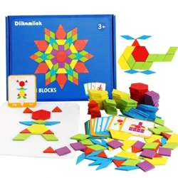 155 Pcs Set Wooden Pattern Blocks Geometric Shape Jigsaw Puzzle Baby Educational Montessori Tangram Toys for Kids me 24Pcs Card