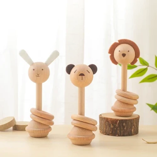 1pc Baby Rattles Mga Laruan Beech Wooden Animal Rattles Music Hand Bells Mga Laruan Newbron Montessori Educational Mobile Rattle Blocks Mga Laruan