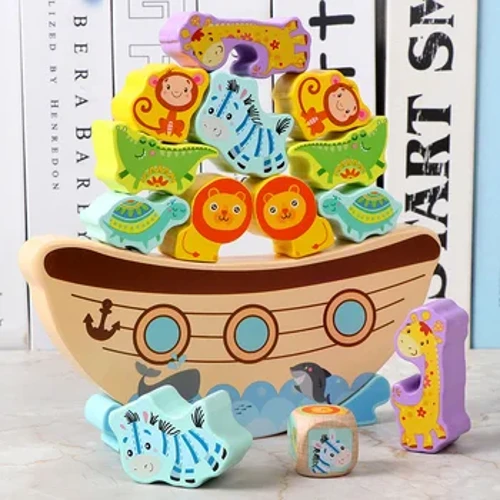 Montessori Animal Stack Balance Game Wooden Marine Life Throwing Dice Stacking Building Blocks Balanse Training Educational Toys