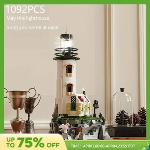 1092PCS Sea Island Electric Lighthouse Building Blocks of Fisherman's Hut Light House Assembly Model Imodeli Yokuhlobisa Izingane Izipho