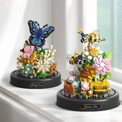 Bee Butterfly Blummen Bonsai Bausteng Insekt Planz Potted Modell Zillen Mat Stëbs Cover Kanner DIY Spillsaachen Chrëschtdagscadeau