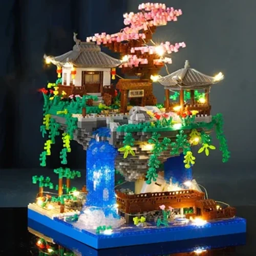 Arsitektur Kuno Peach Blossom Pond Castle Girl Model Building Block Majelis High kangelan Anak Dolanan