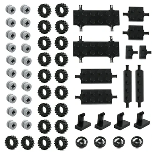 50 58PCS Mini Autoen Rad Achsen Pack Pneuen 8 Modeller Bausteng Parts MOC Enlighten Spillsaachen Fir Kanner Assemblée Kleng Bricks