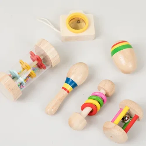 6 pcs/set Kayu Alat Musik Mainan, Mainan Kerincingan, Palu Pasir, Bola Pasir, Shake Bell Kaleidoskop, Mainan Latihan Griping