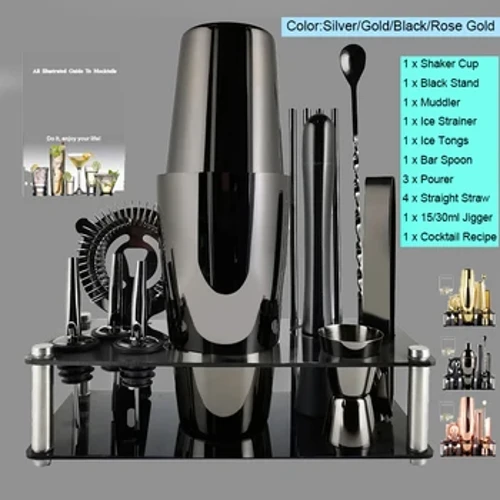 Koktel gohagailu multzoa 3-12 pz. 550 ml 800/600 ml Urrezko Arrosa Beltza Astingailuak Jigger koilara nahasketa Tong Barware Bartender Tresnak Ardo-erretilua