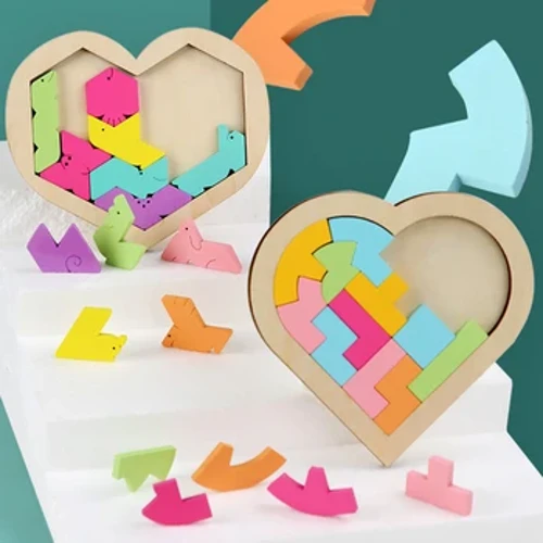 Otroška lesena 3D igra sestavljanke Barvita sestavljanka Tangram Matematične igrače Oblika srca Baby Montessori izobraževalne učne igrače