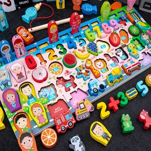 QWZ Kids Montesori izglītojošas koka matemātikas rotaļlietas Bērni aizņemti Tāfele Skaits Forma Krāsas atbilst Makšķerēšanas Puzle Mācību rotaļlietas Dāvanas
