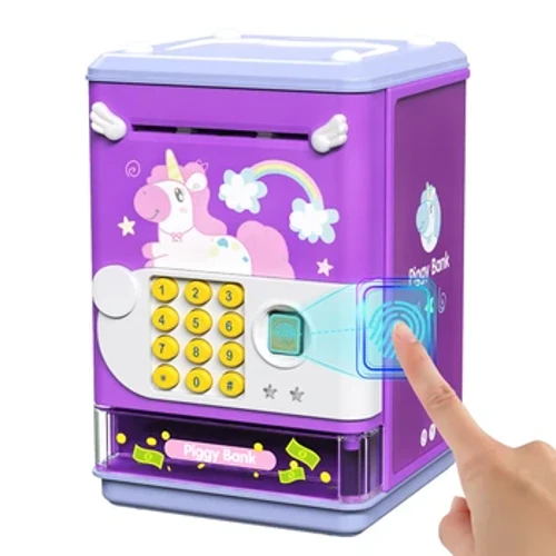 Piggy Bank žaislinis elektroninis mini bankomatų taupymo aparatas su asmeninio slaptažodžio ir pirštų atspaudų atrakinimo modeliavimu – muzikos dėžutė su So