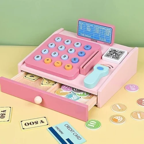 Hëlzent Keesseberäich Spillsaachen Fir Kanner Mat Spillgeld Scanner Bankkaart Pretend Spill Epicerie Spillsaachen Fir Preschool Kaddoen Alter 3+