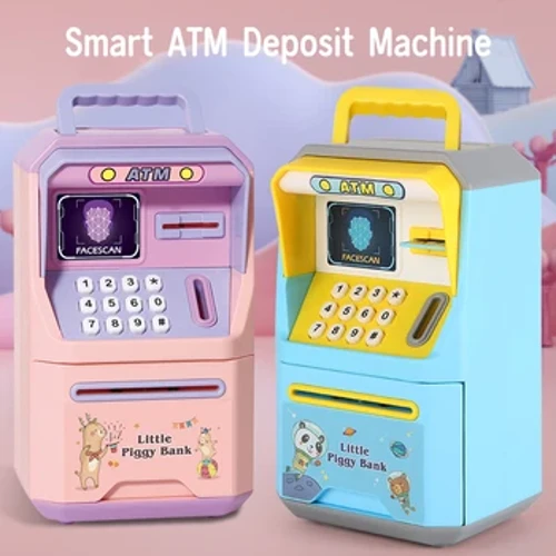 New Geldautomaten Maschinn Safe Box Geld Bank Geldautomaten Musek Mënz Box Cartoon Bank Mat Gesiicht Unlock Kanner Spillsaachen