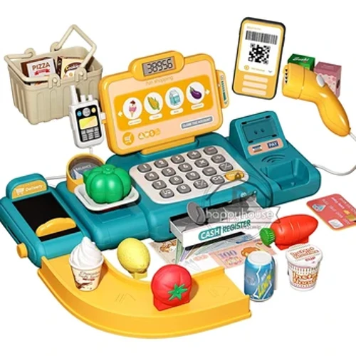 63PCS Kassregister Spillsaach Spillset fir Kaddo fir Meedercher Jong Maacht wéi Spill Geld Kanner Rechner Keesseberäich mat Scanner Spill Iessen