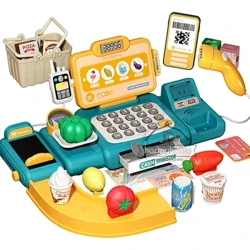 63 adet yazarkasa oyuncak Playset kızlar için hediye için erkek para oyna Pretend çocuklar hesap makinesi yazarkasa tarayıcı ile gıda oyna