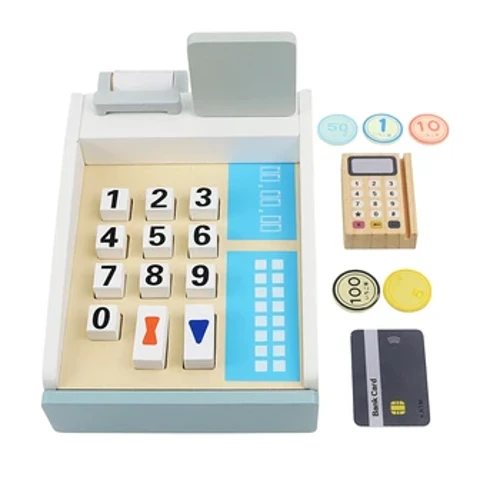 Mga laruan sa bahay na gawa sa kahoy na simulation ng mga bata, mga cash register na gawa sa kahoy na simulation, mga POS machine, bank card, at pakikipag-ugnayan ng magulang-anak