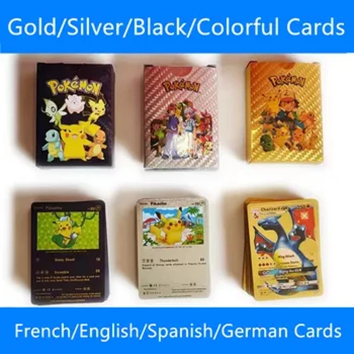 5-55PCS kartas pokemon francaise español Altyn kartoçkalar Ispan iňlis folga altyn kümüş kartoçkalary Metalicas Charizard Vmax Gx Oýun kartasy