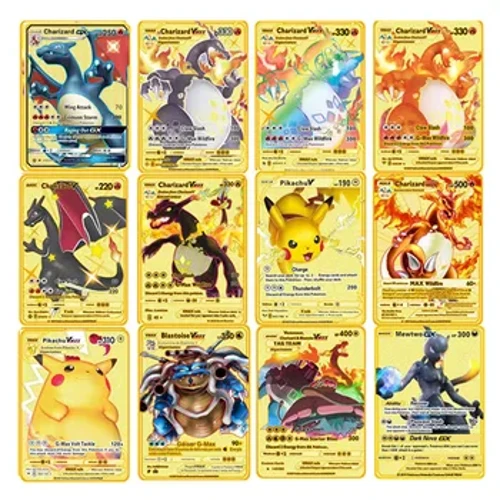 Pokemon English Metal Card Anime Pikachu Charizard Mewtwo Blastoise Vmax Shiny Letters Game Collection Card Nā makana nā keiki.