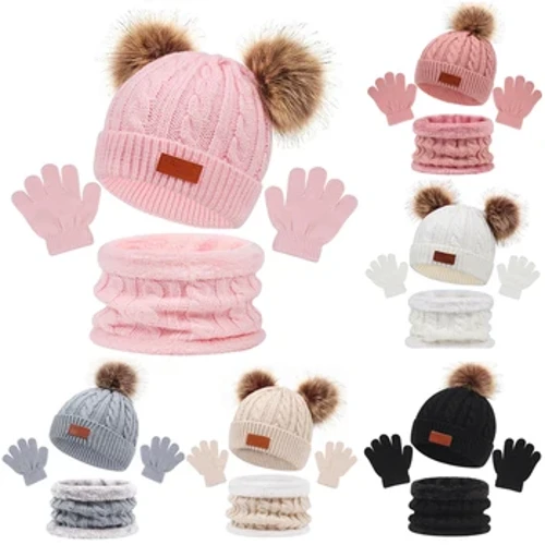 Bebê inverno chapéu cachecol luvas conjunto de malha bola de pele crianças gorro boné para meninas meninos acessórios infantil gorro chapéu da criança 1-5y
