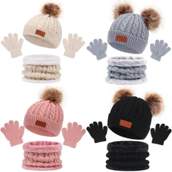 3st Vinter Babymössa Halsdukshandskar Set Enfärgad Toddler Bonnet Söt Pompom Stickade Mössor Utomhus Varma Spädbarn Tillbehör 1-5Y