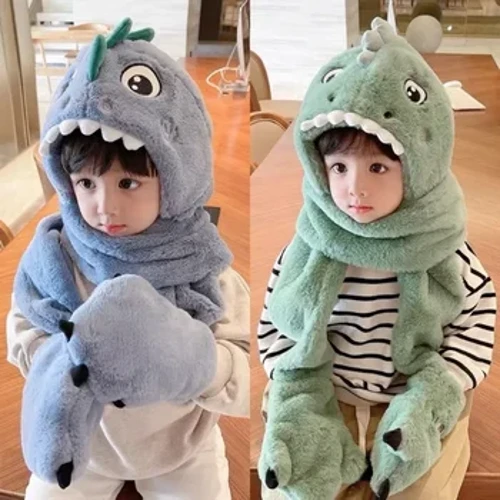 Pe'a Fa'ata'ita'i a Tamaiti Dinosaur Hat Winter Fa'aofuofu ma fa'amalo ma mafiafia ma mafanafana sikafu pulou pulou totigilima sikafu mafanafana Seti vaega e tolu.