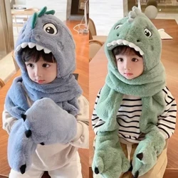 Novas crianças dos desenhos animados dinossauro chapéu inverno acolchoado e engrossado quente cachecol de pelúcia chapéu luvas cachecol quente conjunto de três peças