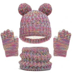 Guanti Sciarpa Beanie per bambini in maglia con pompon Set per cappelli invernali per ragazze dei ragazzi Cappelli in pile carino per bambini Scaldacollo lavorato a maglia 3 pezzi