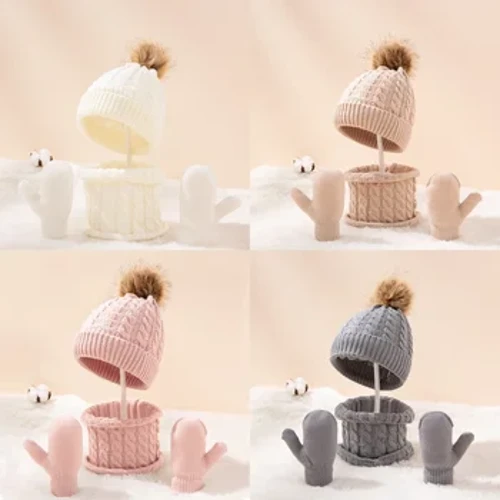 Nuovo cappello di lana per bambini caldi guanti sciarpa 3 set Autunno inverno cappello per bambini Set cappello per neonato cappello per bambino vestito caldo guanti per cappello 2 set
