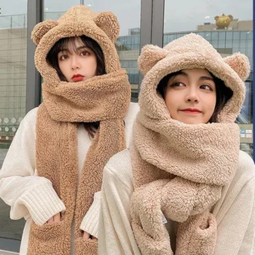 Cappello da orsetto Sciarpa di peluche Inverno da donna Guanti invernali carini Tre pezzi con cappuccio Protezione per le orecchie in un unico pezzo Isolamento del collo