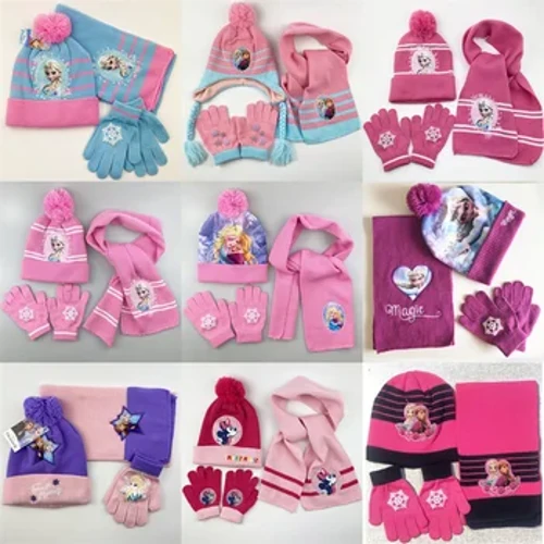 Disney Set da 3 pezzi Frozen Princess Elsa Cappello di lana lavorato a maglia per bambini Guanti sciarpa Minnie Inverno caldo Regali di compleanno per ragazze 3-8 anni