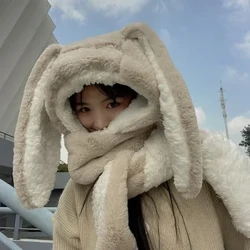 Mode Halsduk Hatt Handske 3 delar Kvinnor Plysch Söt Stort Öra Förtjocka Kanin Vinter Varm Mjuk Förtjockning Pocket Hattar Hooded Rabbit